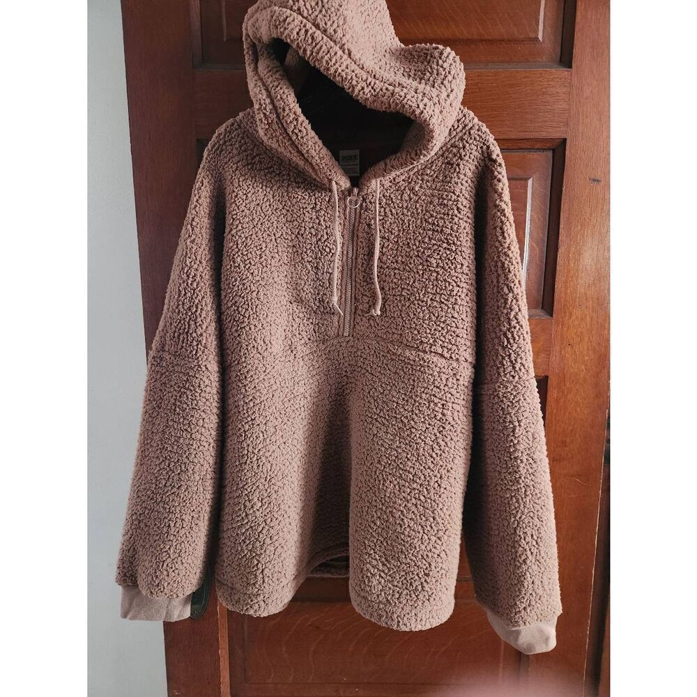 PINK Victoria Secret Brown Fleece Fluffy Half Zip Hoodie Size XXL. RO